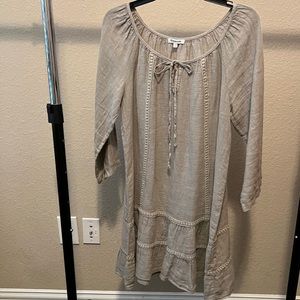 Tan Colored Linen Casual Dress - Mid Length